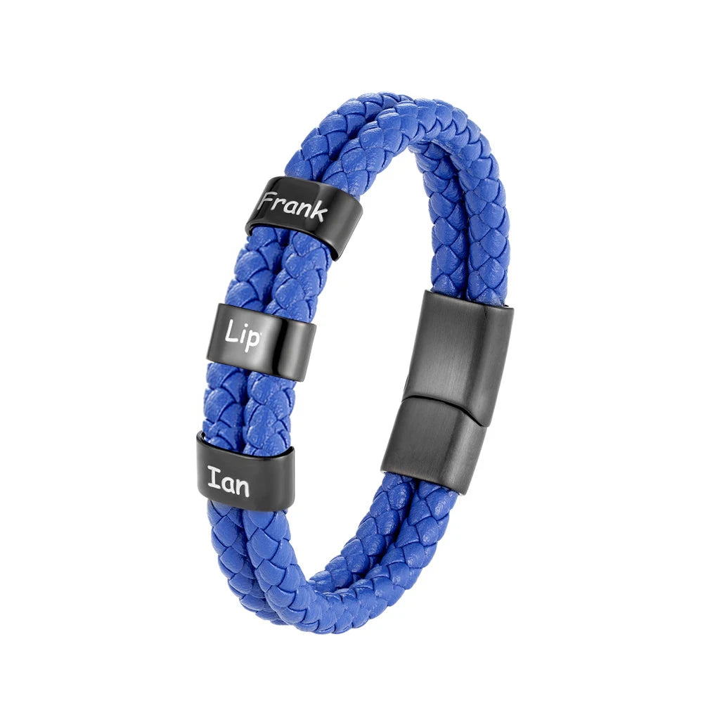 Custom Family Name Braided Leather Bracelet for Men Personalized Stainless Steel Charm