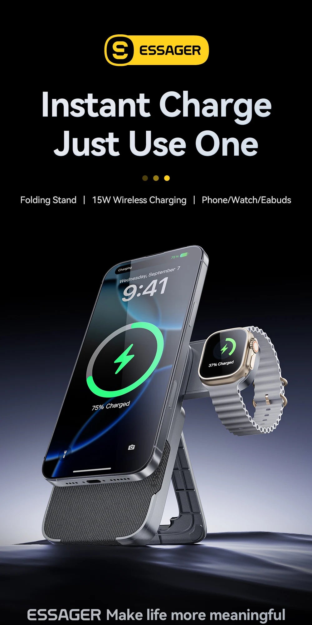 3-in-1 Wireless Charger Stand - 15W MagSafe Fast Charging for iPhone, AirPods & Apple Watch