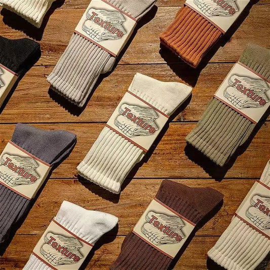 Calcetines Retro Gruesos de Algodón – Tripulantes de Punto de Media Caña para Hombre (Negro / Beige / Café)