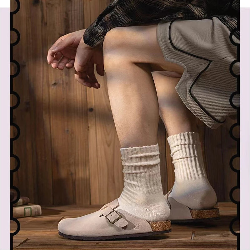 Calcetines Retro Gruesos de Algodón – Tripulantes de Punto de Media Caña para Hombre (Negro / Beige / Café)