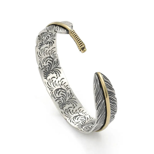Wild Spirit Feather Cuff  Adjustable Silver Bracelet for Men