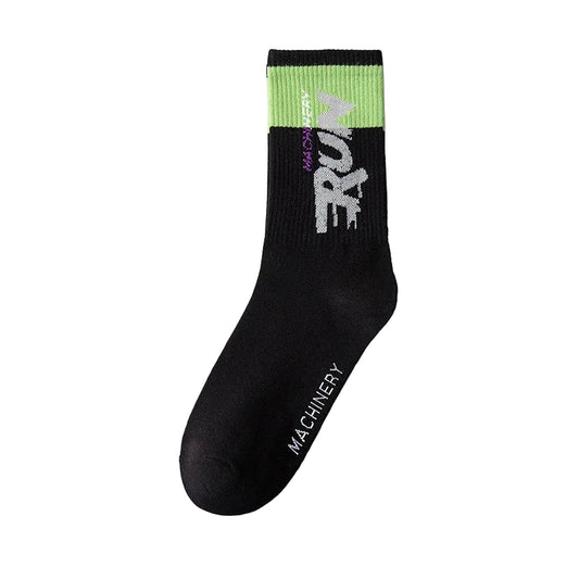 Black sock with green top and white text on a gray background