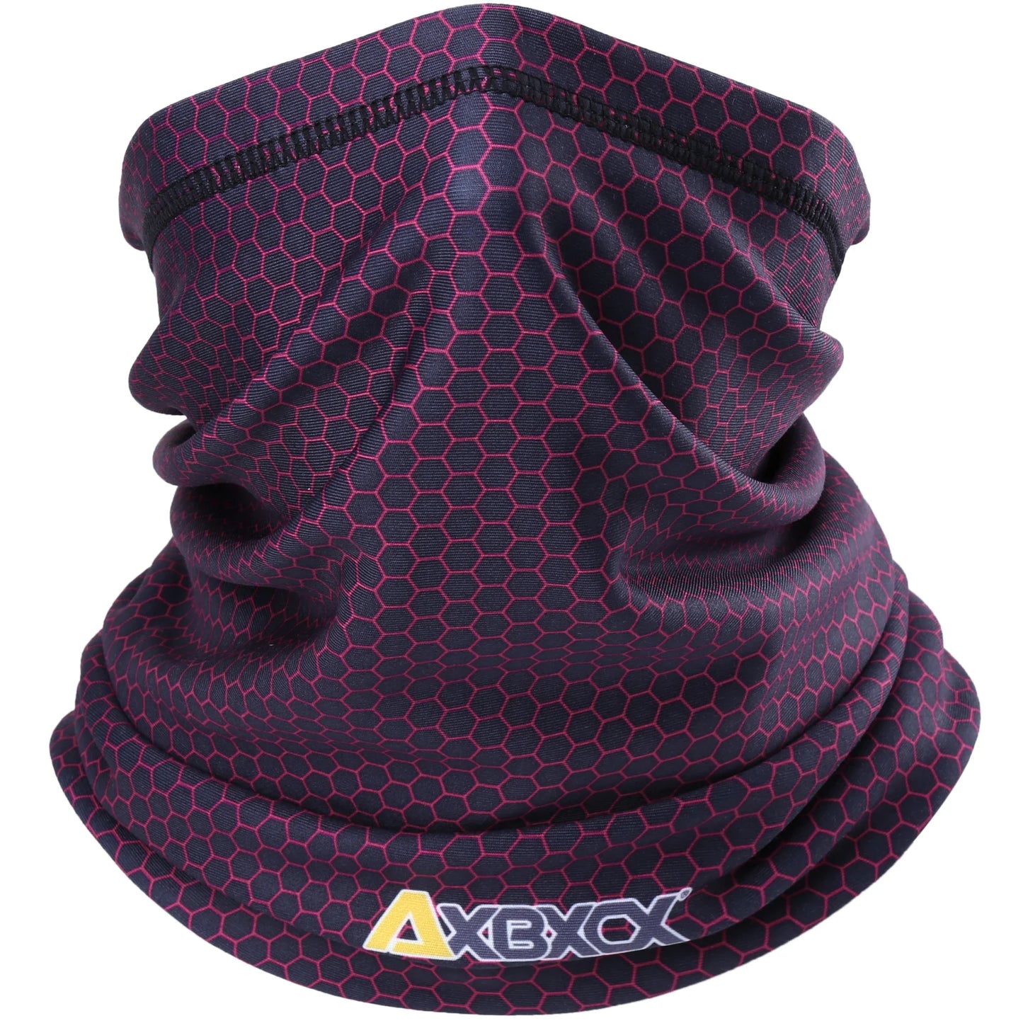 Hexagonal patterned neck gaiter with AXBXY logo on a white background