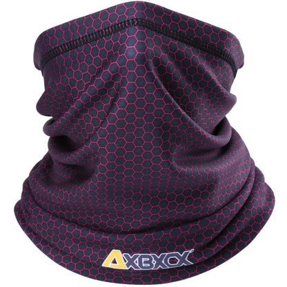 Hexagonal patterned neck gaiter with AXBXY logo on a white background