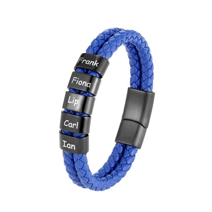 Custom Family Name Braided Leather Bracelet for Men Personalized Stainless Steel Charm