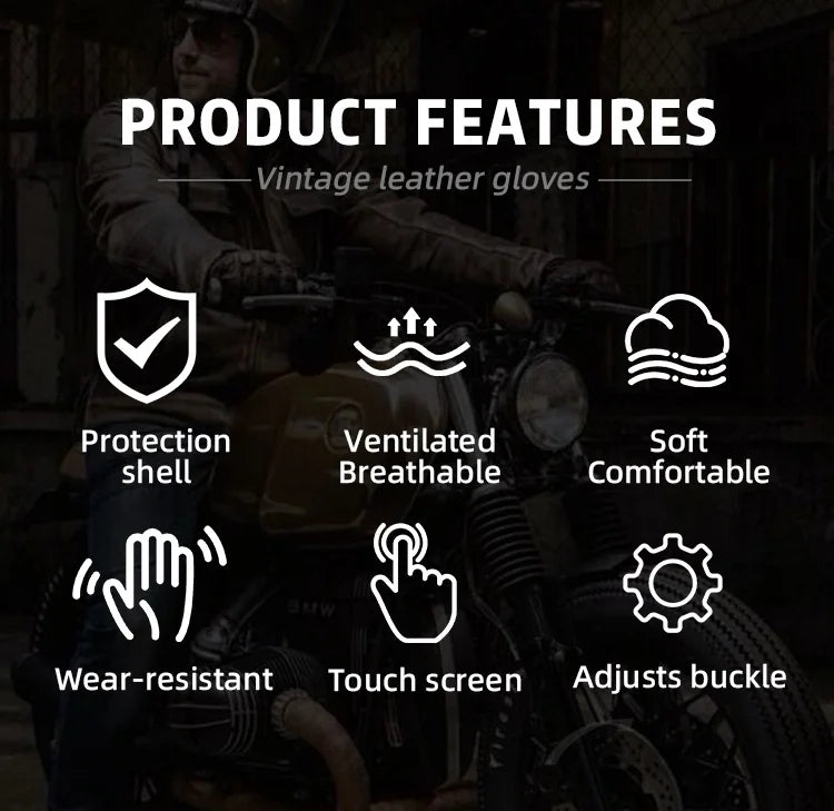 Vintage leather gloves with features listed on a dark background