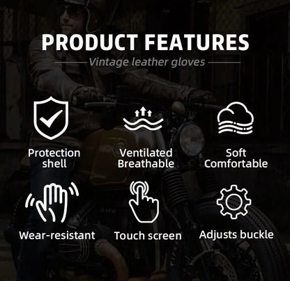 Vintage leather gloves with features listed on a dark background