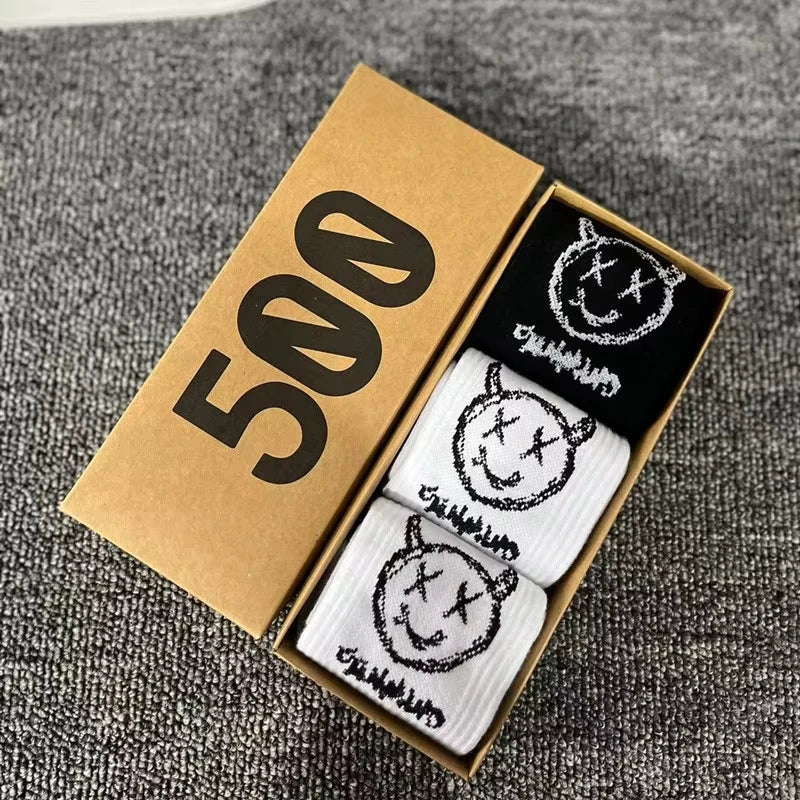 Striped Cotton Socks 3-Pack Gift Box – Unisex Skateboarding & Street Style