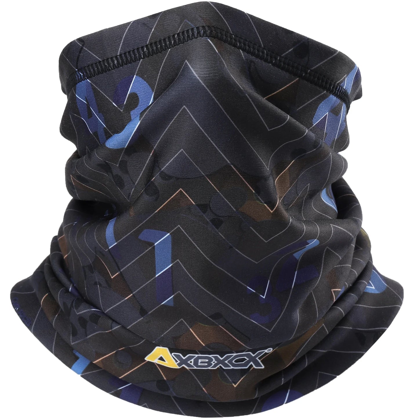 Black patterned neck gaiter with a brand logo on a white background