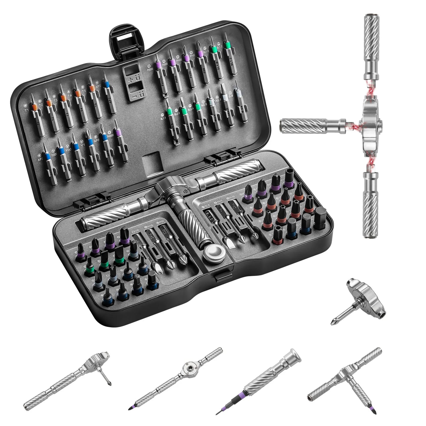 66-in-1 Magnetic Ratchet Screwdriver Set - T-Handle, Chrome-Vanadium, 66 Bits