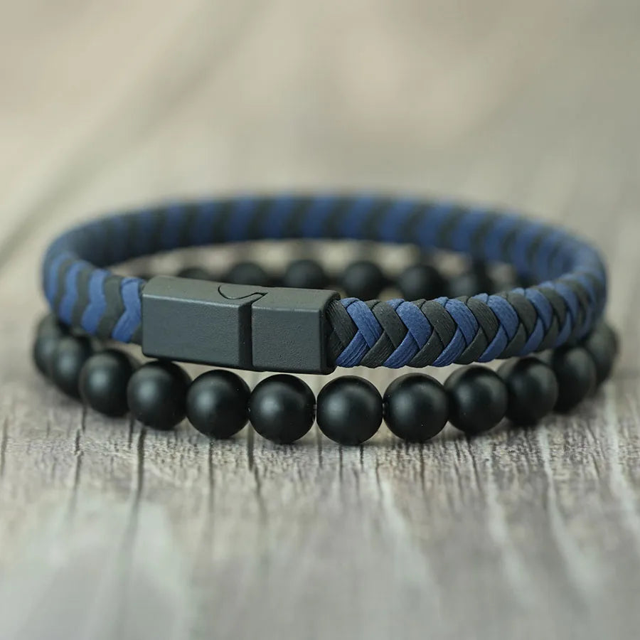 Noter 2Pcs Bracelets Exclusifs Pour Hommes 8mm Onyx Stone Strand Braclet Handmade Weaven Leather Braslet Perfect Gift For Him deideas