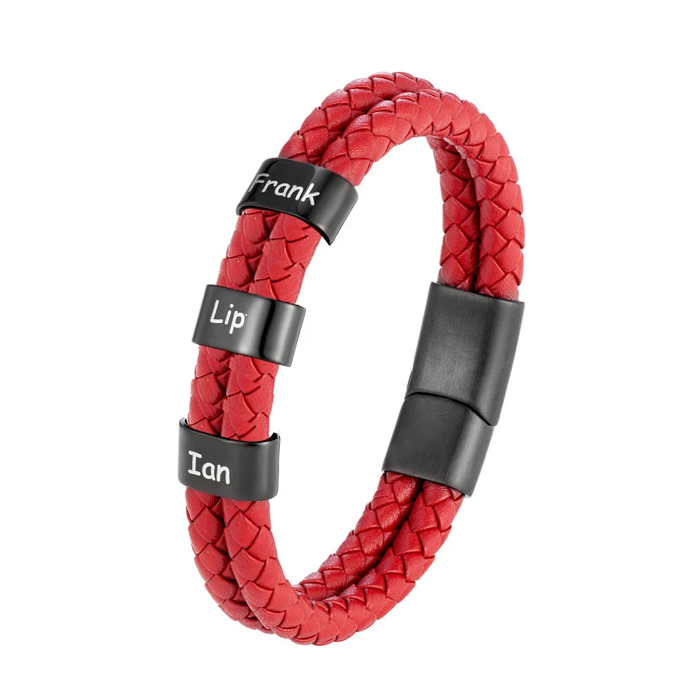 Custom Family Name Braided Leather Bracelet for Men Personalized Stainless Steel Charm