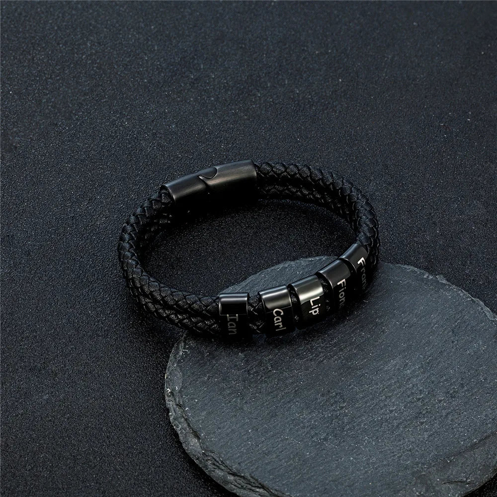 Custom Family Name Braided Leather Bracelet for Men Personalized Stainless Steel Charm