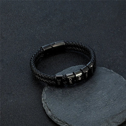 Custom Family Name Braided Leather Bracelet for Men Personalized Stainless Steel Charm