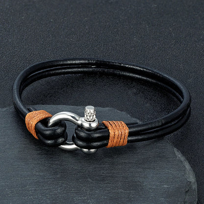 Horseshoe Shackle Leather Bracelet - Stainless Steel