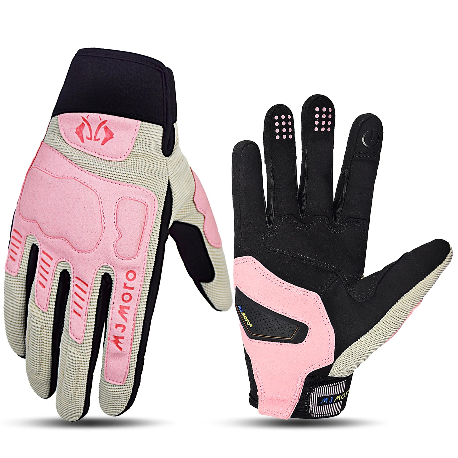 Pair of pink and black gloves with text on a white background