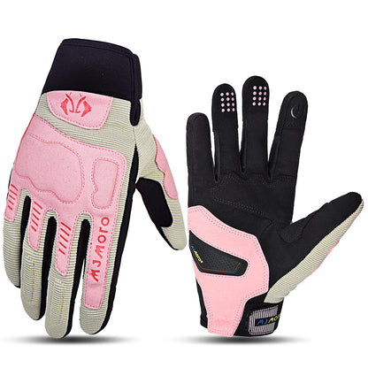 Pair of pink and black gloves with text on a white background
