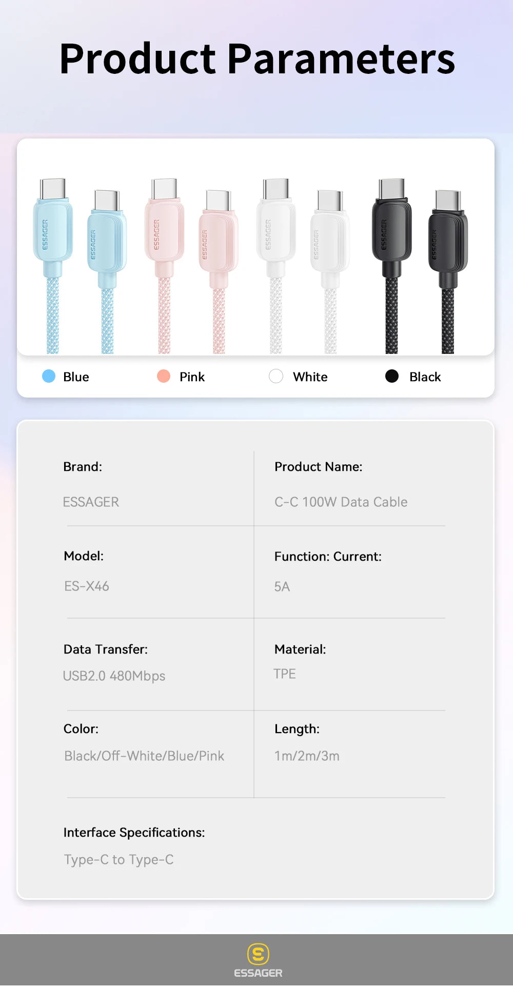 USB-C to USB-C Cable 100W - 5A Fast Charging, Braided