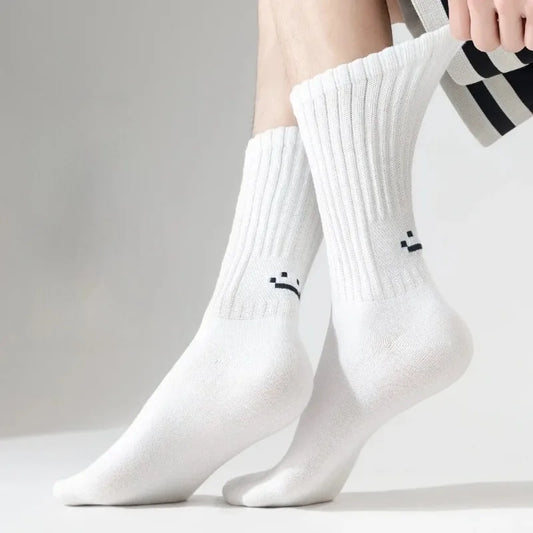 Smiley Face Ribbed Crew Socks – Embroidered Cotton Blend, Unisex EU 35-44