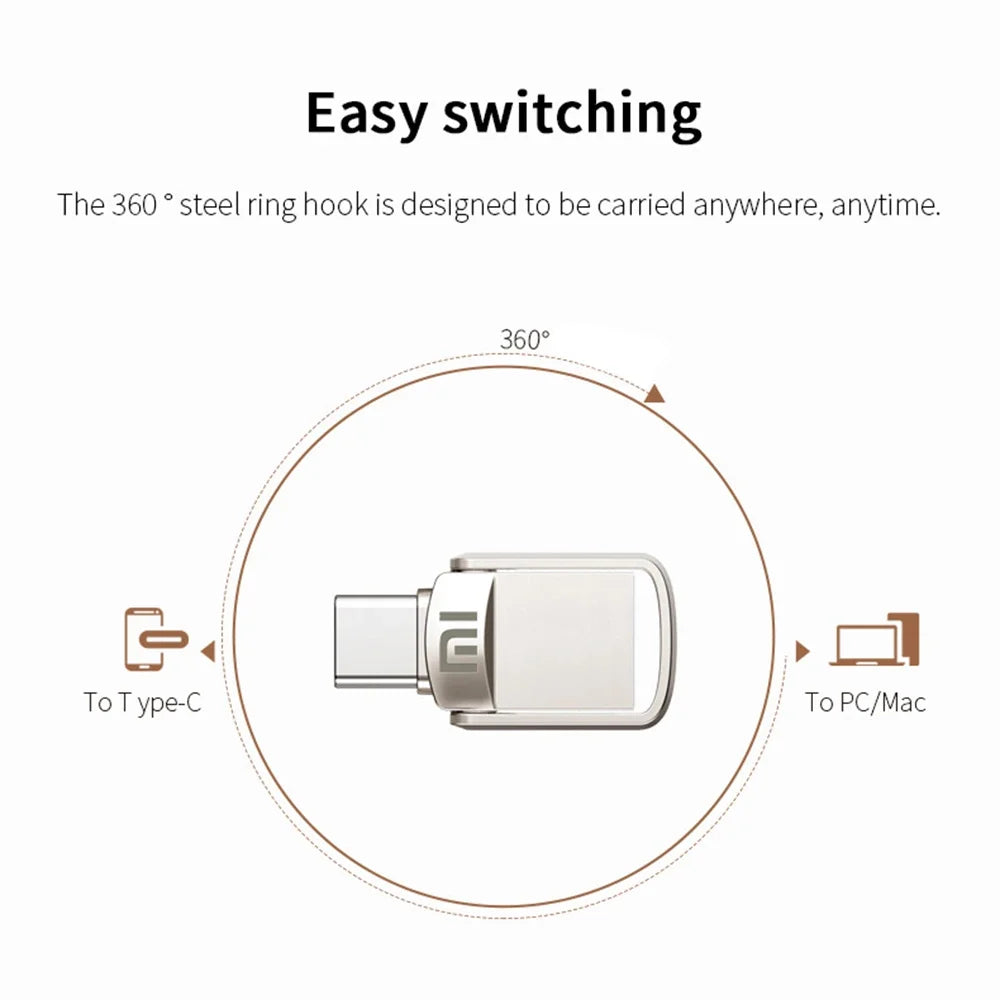 The image shows a silver USB flash drive with a dual connector, compatible with Type-C and PC/Mac. It highlights the 360° steel ring hook for easy switching between devices.