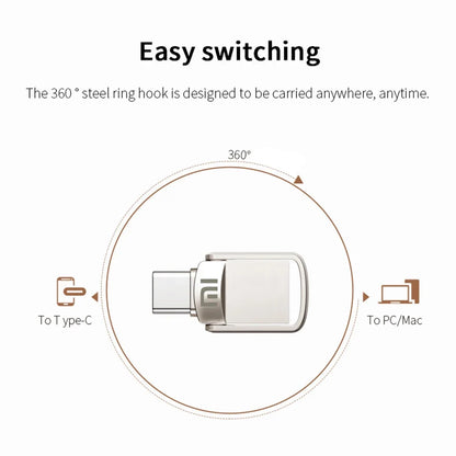 The image shows a silver USB flash drive with a dual connector, compatible with Type-C and PC/Mac. It highlights the 360° steel ring hook for easy switching between devices.