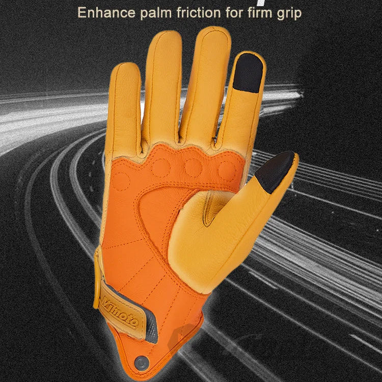 Orange and black glove with wear-resistant anti-slip text on a dark background