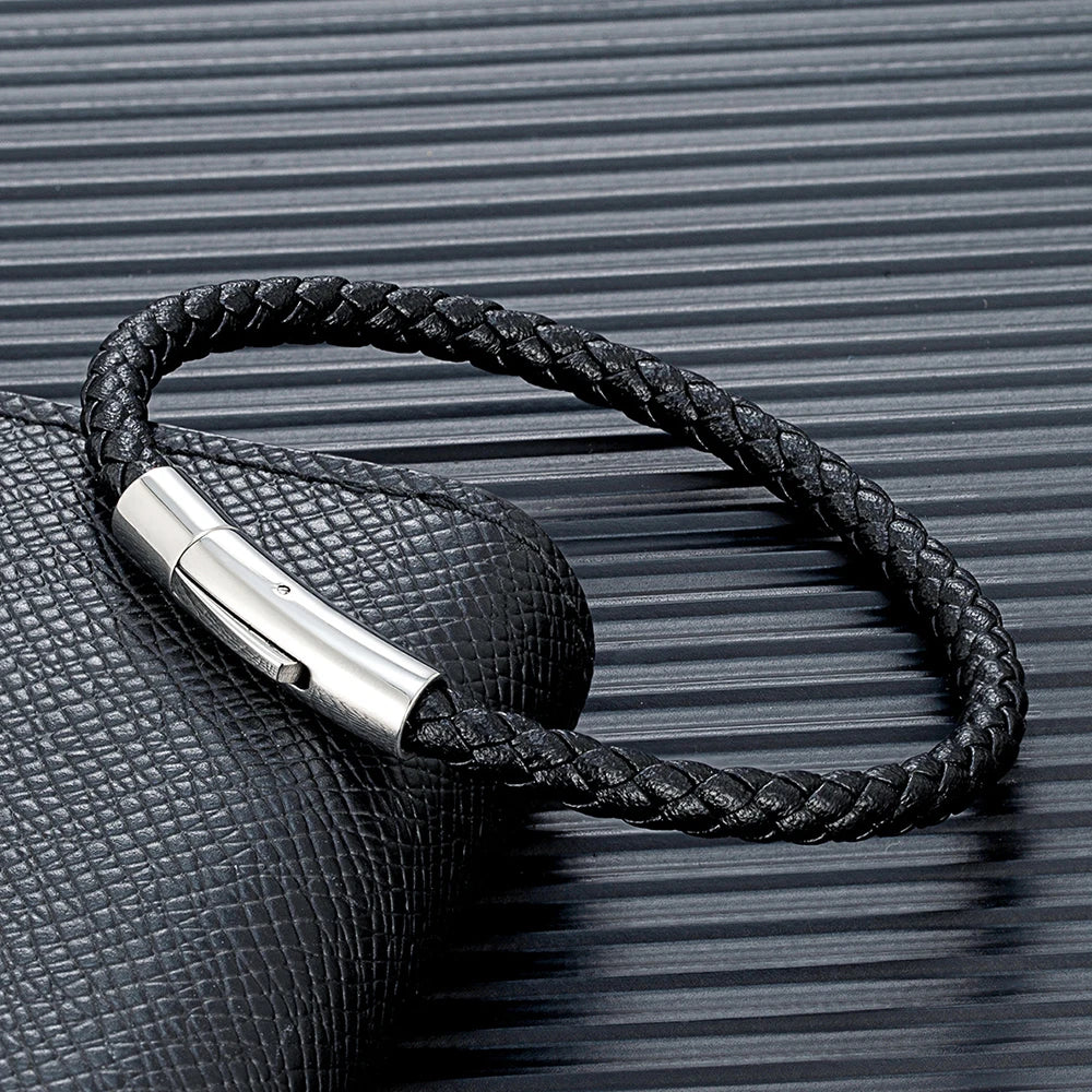 Pulsera de cuero trenzado con cierre magnético para hombre y mujer