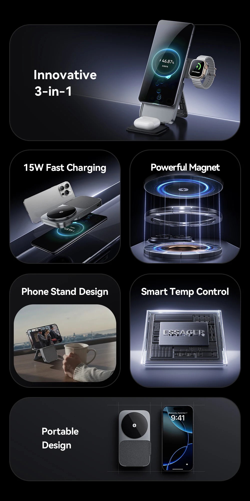 3-in-1 Wireless Charger Stand - 15W MagSafe Fast Charging for iPhone, AirPods & Apple Watch