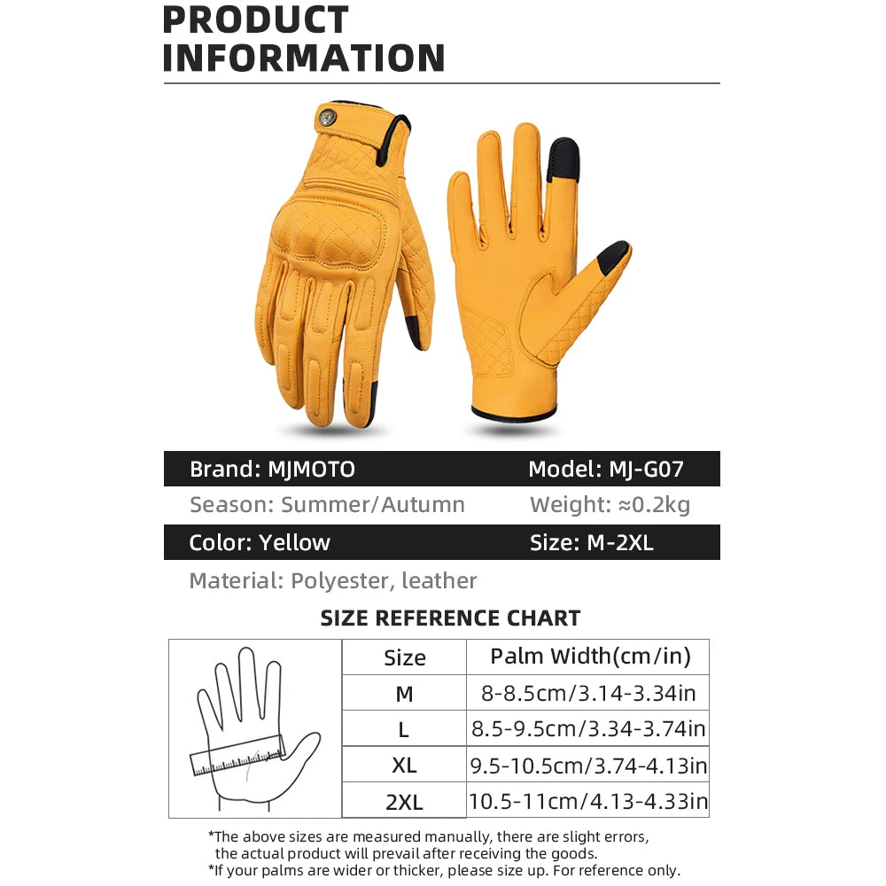 Yellow gloves with black accents on a white background, featuring product information and size chart.