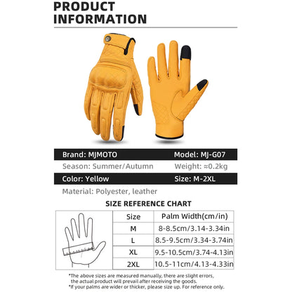 Yellow gloves with black accents on a white background, featuring product information and size chart.