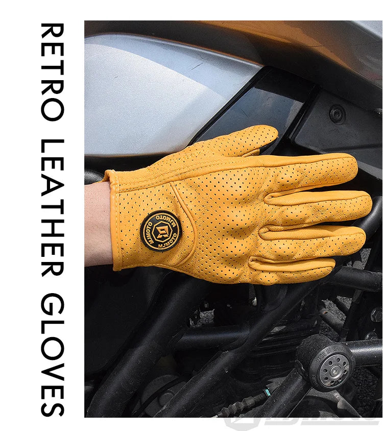 Yellow retro leather glove on a motorcycle with 'Retro Leather Gloves' text.