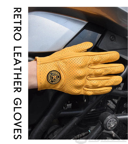 Yellow retro leather glove on a motorcycle with 'Retro Leather Gloves' text.