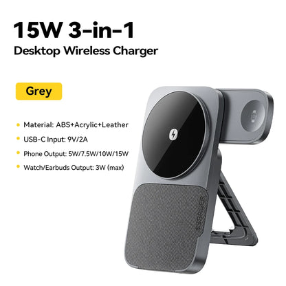 3-in-1 Wireless Charger Stand - 15W MagSafe Fast Charging for iPhone, AirPods & Apple Watch