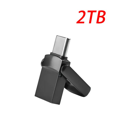The image shows a silver USB flash drive with a dual connector, compatible with Type-C and PC/Mac. It highlights the 360° steel ring hook for easy switching between devices.