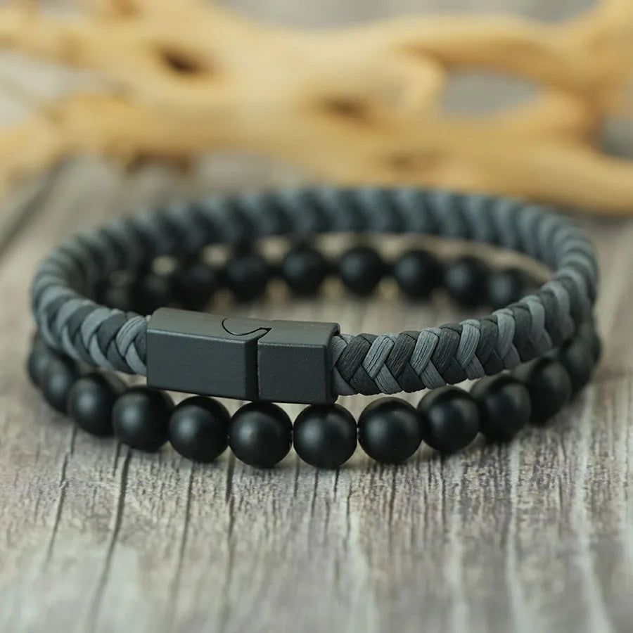 Noter 2Pcs Bracelets Exclusifs Pour Hommes 8mm Onyx Stone Strand Braclet Handmade Weaven Leather Braslet Perfect Gift For Him deideas