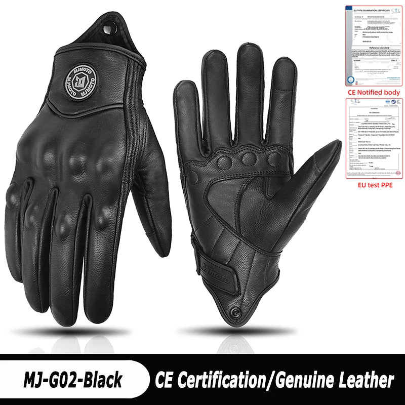 Black leather gloves with CE certification label on a white background