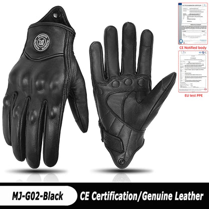 Black leather gloves with CE certification label on a white background