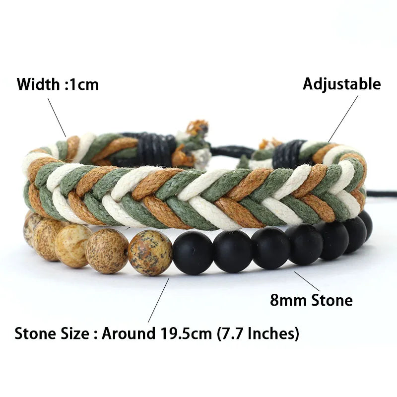 Noter New 2Pcs/Set Men Bracelet Handmade Weaven Adjustable Cord Chain Braslet 8mm Natural Lava Tiger Eyes Stone Braclet Homme deideas
