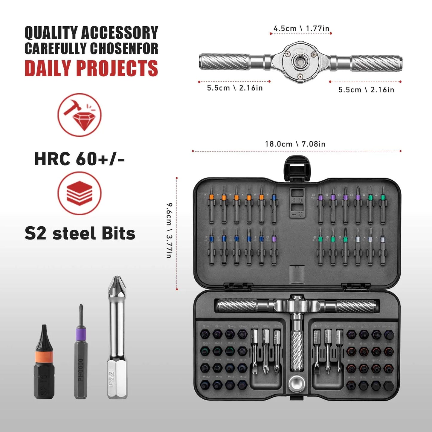 66-in-1 Magnetic Ratchet Screwdriver Set - T-Handle, Chrome-Vanadium, 66 Bits