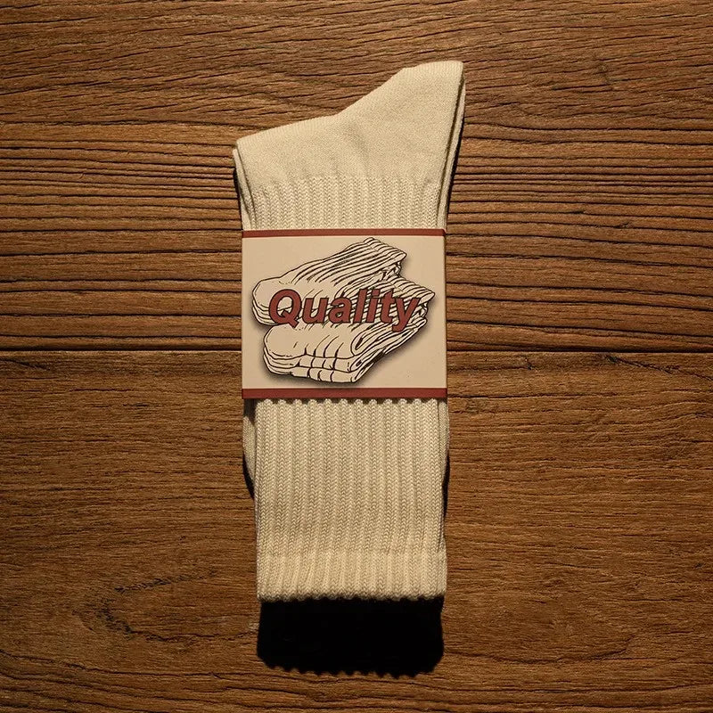 Calcetines Retro Gruesos de Algodón – Tripulantes de Punto de Media Caña para Hombre (Negro / Beige / Café)