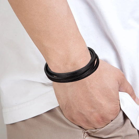 Leather & Black Steel Bracelet for You Stylish and Elegant