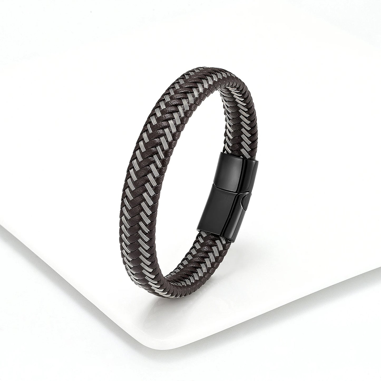 Stainless Steel Braided Leather Bracelet Elegant Style
