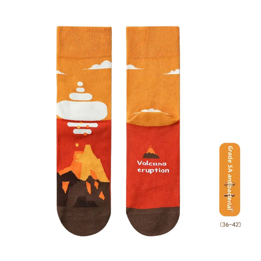 Pair of socks with volcano design on a beige background