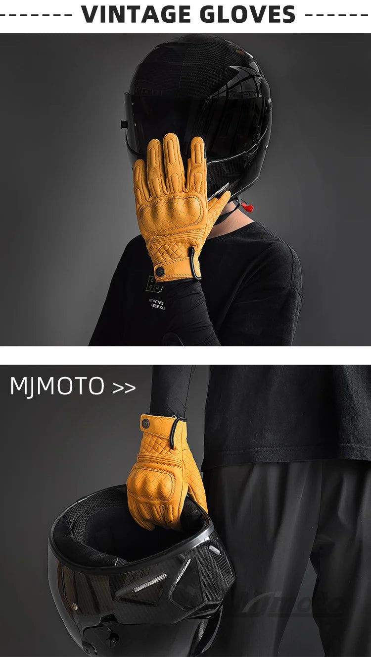 Person wearing a black helmet and yellow gloves with 'MJMOTO' branding.