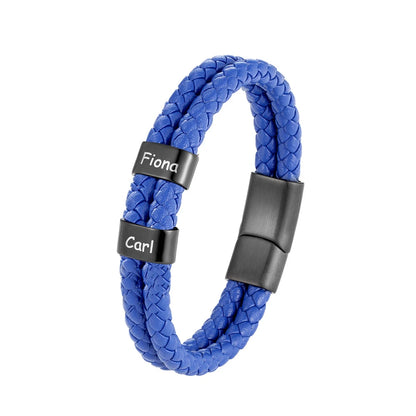 Custom Family Name Braided Leather Bracelet for Men Personalized Stainless Steel Charm