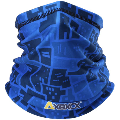 Blue patterned neck gaiter with AXBXCX logo on a white background
