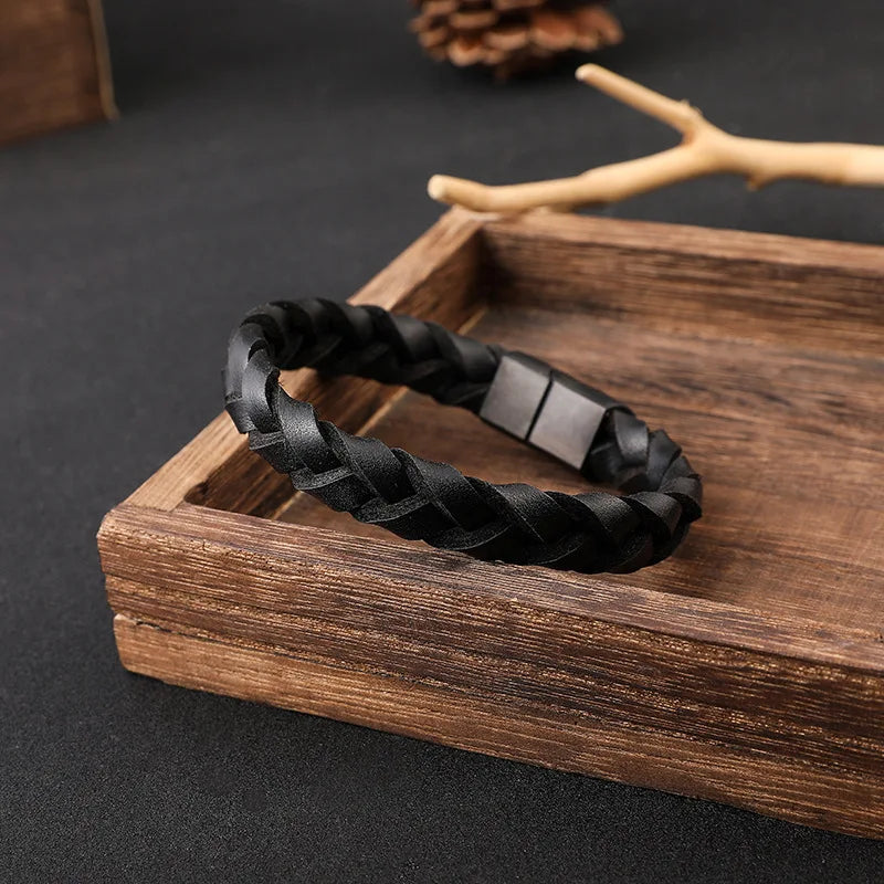 Race Line Brushed Black Leather & Steel Men’s Bracelet