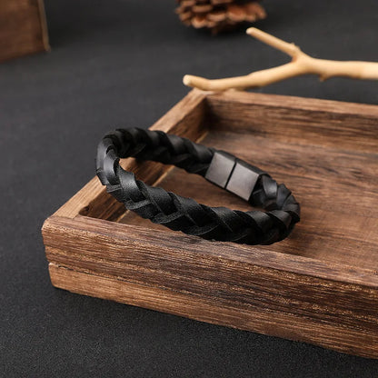 Race Line Brushed Black Leather & Steel Men’s Bracelet
