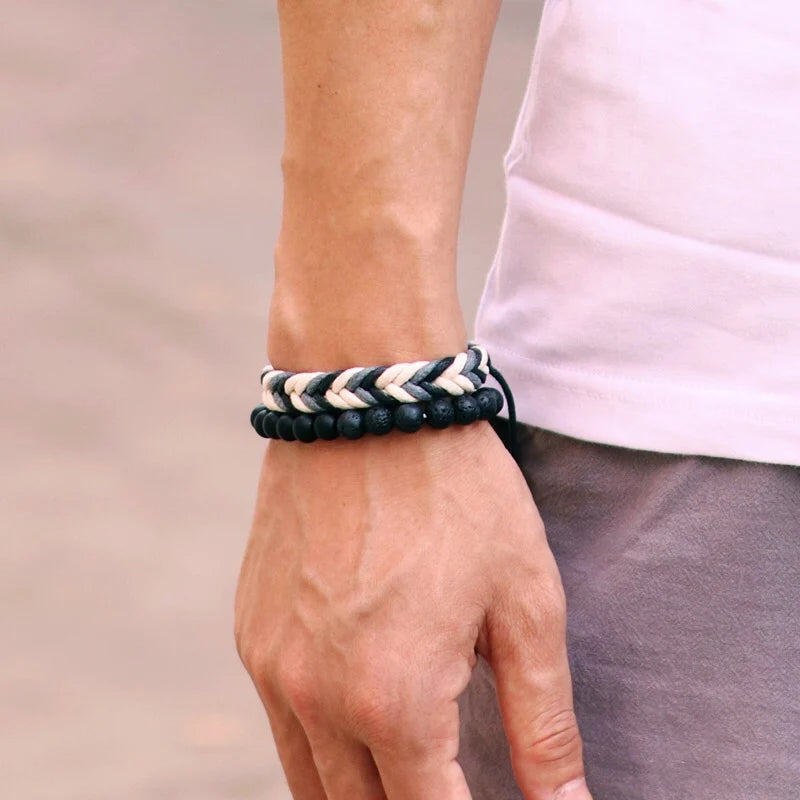 Noter New 2Pcs/Set Men Bracelet Handmade Weaven Adjustable Cord Chain Braslet 8mm Natural Lava Tiger Eyes Stone Braclet Homme deideas