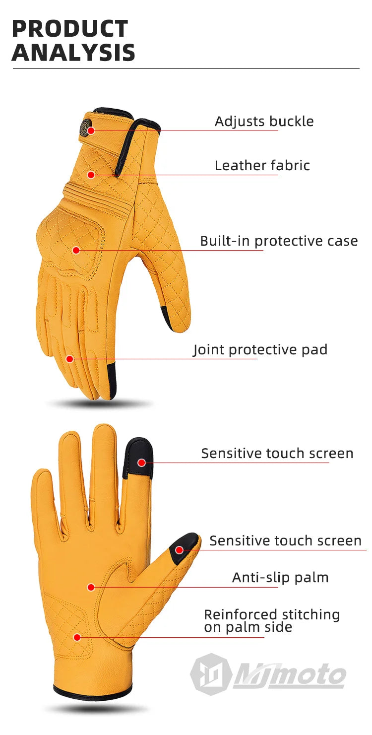 Yellow gloves with features labeled and Nimoto logo.